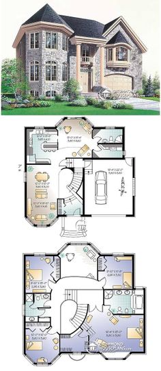 two story house plans with an open floor plan for the living room and kitchen area