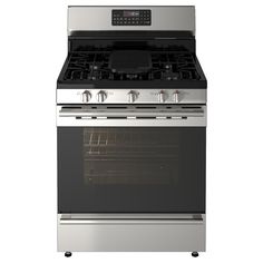 an oven with the door open and two burners on each side, in stainless steel