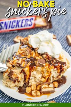 no bake snickkers pie on a white plate