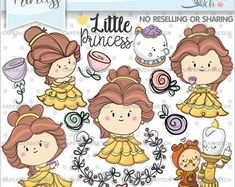 the little princess clipart set is shown in various sizes and colors, including one girl with