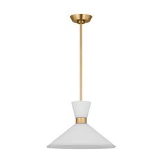 a white and gold light hanging from a ceiling fixture with a brass finish on the top