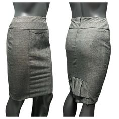 Classy And Feminine, This Pencil Style Skirt Has A Tiered Ruffle At Mid Back Hem. Zipper Back Closure. Black And Gray Woven Fabric. No Elastic At Waist As This Goes For A Smooth Look. Please See Care Tag For Fiber Content. Please See Measurements: Waist Across Flat 12.5” Hips Flat Across 17.5” Length 21” Gray Pencil Skirt Bottoms For Office, Fitted Short Gray Skirt, Fitted Gray Pencil Skirt For Office, Gray Fitted Short Skirt, Fitted Lined Gray Skirt, Fitted Gray Lined Skirt, Fitted Gray Pencil Skirt For Work, Gray Fitted Elegant Mini Skirt, Elegant Fitted Gray Mini Skirt