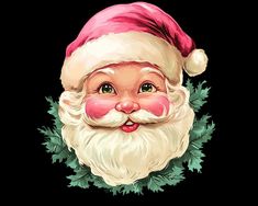 a close up of a santa claus face on a black background with greenery around it