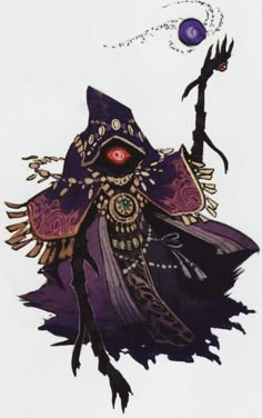 a drawing of a witch with an evil eye holding a wand and wearing a purple hat