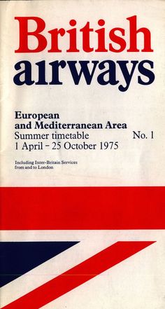 an old british airways advertises the european and mediterranean area, with red white and blue stripes