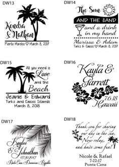 wedding stamp set with palm trees and names on the front, in black ink or white ink