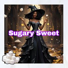 a woman in a black dress and witch hat with marshmallows around her