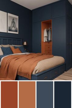 a bedroom with blue walls and orange accents