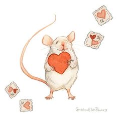 a drawing of a mouse holding a heart