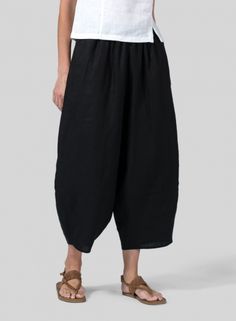 Linen Lantern Ankle Pants Versatile Baggy Wide Leg Ankle-length Pants, Chic Baggy Ankle-length Harem Pants, Baggy Straight Capris With Elastic Waistband, Chic Baggy Harem Pants, Chic Harem Pants, Chic Baggy Cropped Bottoms, Versatile Baggy Ankle-length Pants, Chic Baggy Tapered Leg Harem Pants, Baggy Bottoms With Elastic Waistband And Cropped Leg