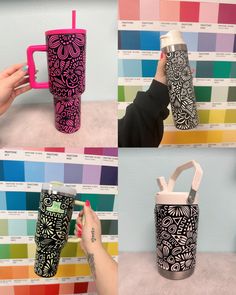 four different images of the same cup being used to decorate it with color swatches