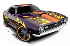 a purple and orange car with flames on it