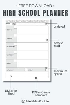 a high school planner with the words, free printables for life on it