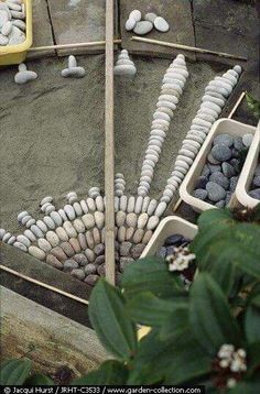 there are many rocks and pebbles on the ground in this garden area that looks like it is made out of cement