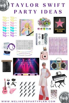 a collage of party items and decorations with the words taylor swift party ideas