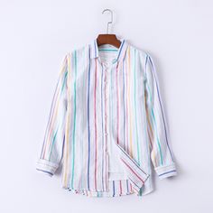 Men's 2023 White Linen Striped Lapel Shirt Size Chat： Striped Linen Shirt, Linen Fashion, Striped Jacket, Outwear Jackets, Collar Shirt