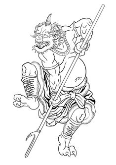 a black and white drawing of a demon holding a spear with his hands in the air