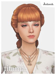 an image of a woman with red hair and necklaces on her neck, wearing a white