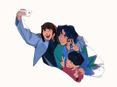 three people are taking a selfie with their cell phones