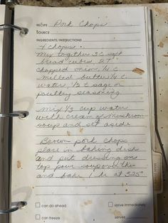 an old recipe book with writing on it