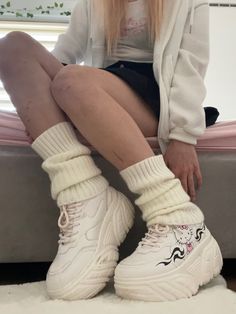 white leg warmers hello kitty shoes platforms core Cute Chunky Shoes With Leg Warmers, Hello Kitty Platforms, White Fitted Harajuku Style Leg Warmers, White Harajuku Sneakers For Streetwear, Hello Kitty Core, Platform Shoes Hello Kitty, Shoe Reference, Buffalo Boots, White Sneakers Outfit