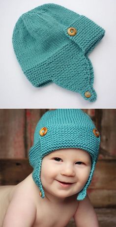 a baby wearing a blue knitted hat with buttons on the front and bottom, next to an image of a smiling baby wearing a green knitted hat