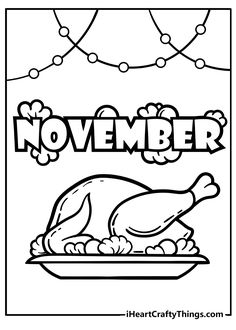 a coloring page for november with a turkey on a plate and the words november above it