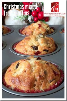 christmas muffins in a muffin tin with holly berries