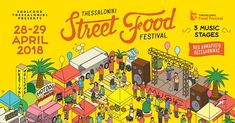 the poster for this year's street food festival is shown in yellow and red