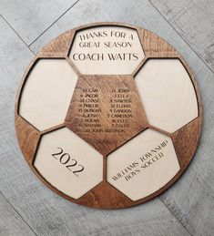 a wooden plaque with the names and numbers of each team's coaches on it