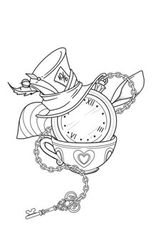 a drawing of a clock with chains around it and a key hanging from the chain