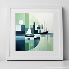 an abstract painting with boats floating in the water