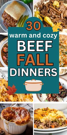 the best fall dinner ideas for warm and cozy nights with text overlay that reads 30 warm and cozy beef fall dinners