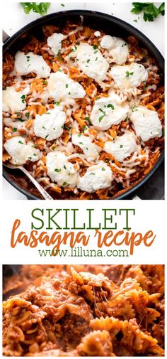 skillet lasagna recipe with cheese on top and in the bottom, an image of