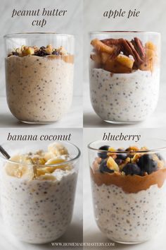 three different types of overnight oatmeal in glass bowls with text overlay reading how to make overnight oats