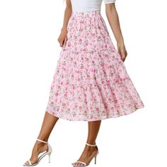 It is a perfect piece to be paired with a crop top or basic tee and sneakers for a stunning day look or styled with sandals to go out! A versatile floral skirt for daily casual style, or an eye-catching piece as a chiffon skirt. This long chiffon skirt creates an effortlessly elegant silhouette with its cinched waist and a tiered hem. This A-line skirt features a dainty floral print, ruched ruffles, and a tiered design in a perfect ankle length. Cut from chiffon fabric and soft lining with a flo Fitted Rose Print Skirt For Summer, Casual Rose Print Summer Skirt, Casual Rose Print Skirt For Summer, Casual Summer Skirt With Rose Print, Casual Pink Mini Skirt, Pink Mini Skirt For Spring, Casual Pink Skirt For Brunch, Casual Pink Skirt For Day Out, Picnic Skirt