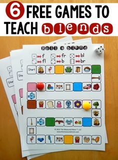 four free games to teach blends are shown on top of two sheets of paper