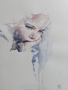 a watercolor painting of a woman's face with her hand on her chin