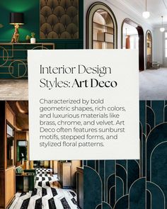 the interior design styles art deco is featured in this brochure, which shows an elegant