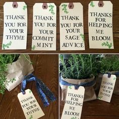 four different pictures of thank you for helping me plant tags and some plants in bags