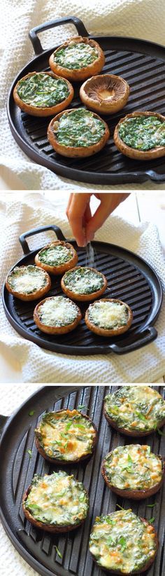 the process of making mini pizzas is shown in three different stages, including baking