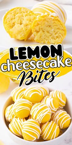 lemon cheesecake bites are in a bowl and on the table