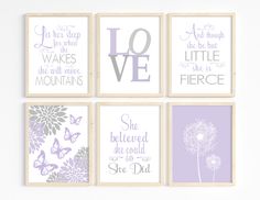 four purple and white wall art prints with flowers