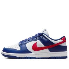 The Nike Dunk Low 'USA' is the perfect combination of classic style and modern technology. The timeless silhouette features a white and university red colorway, with a deep royal blue accent. The rubber sole provides superior comfort and durability, making it perfect for any activity. This sneaker is inspired by the iconic 1985 Dunk, which revolutionized streetwear and quickly became a global phenomenon. The Nike Dunk Low 'USA' is the perfect blend of classic style and modern technology. (SNKR/Retro/Skate/Low Top/Women's/Non-Slip/Wear-resistant) Mint Sneakers, Photo Nike, Usa Shoes, Baskets Nike, Limited Edition Sneakers, Nike Sb Dunks Low, Nike Sb Dunks, Cheap Nikes, Swag Shoes