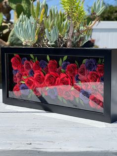 a black box with red and purple roses in it on a table next to succulents