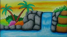 a drawing of a waterfall and palm trees