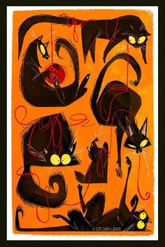 an orange background with black cats on it