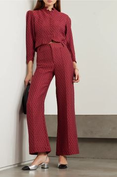 Jewel Tone Outfits, Burgundy Pants Outfit, Burgundy Pants, Burgundy Blouse, Jacquard Jacket, Mix Style, Burgundy Dress, Red Outfit, Wide Legs