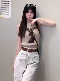 Beige Front Pocket Cargo Pants | Sana - Twice Beige S Pocket Cargo Pants, Brown Cargo Pants, Fashion Chingu, Button Pants, Floral Print Pants, Striped Wide Leg Pants, Cuffed Pants, Pants Pattern, Vertical Stripes