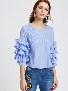 ruffle shein layered top sleeve blue online women blouse choose board clothes striped girls clothing desde guardado